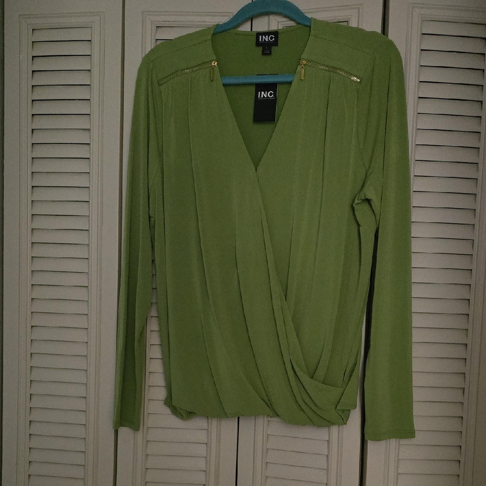 INC International Concepts Women's Olive Wrap Blouse
